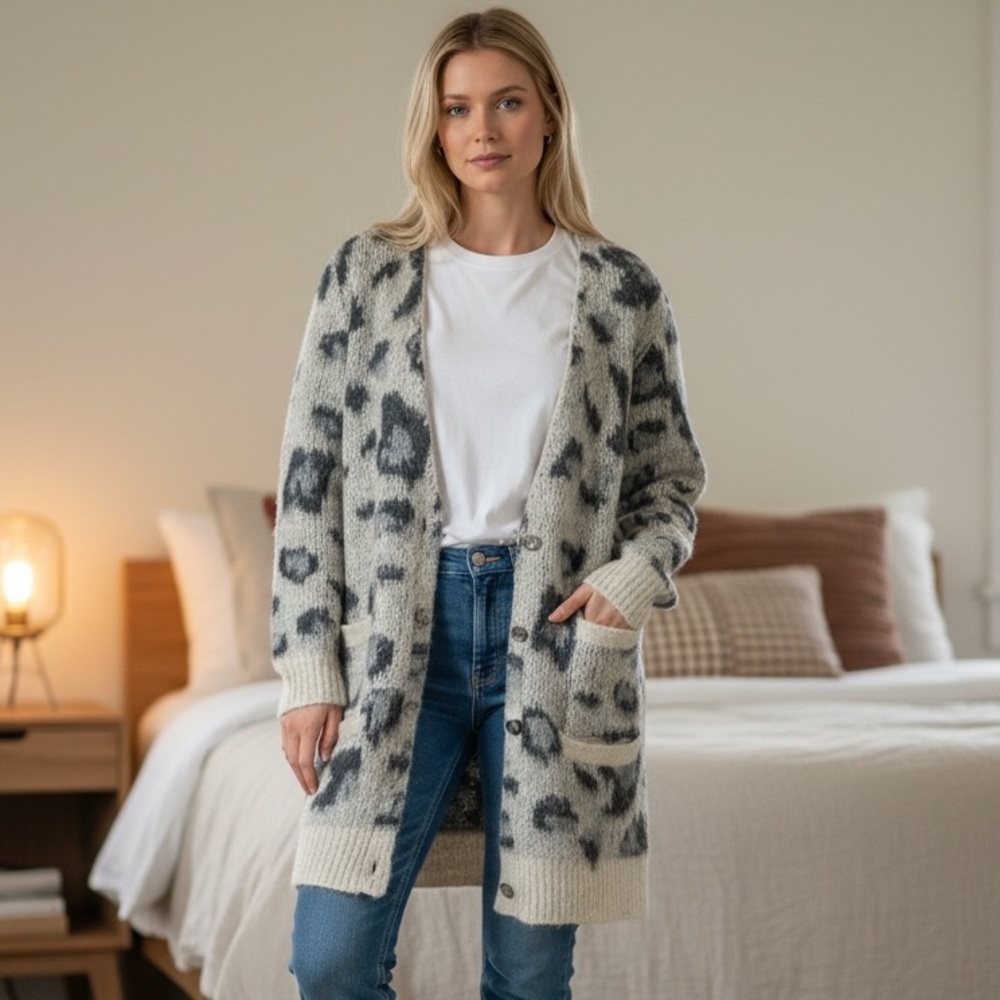 Free People Out Of Africa Snow Leopard Wool Blend Cardigan